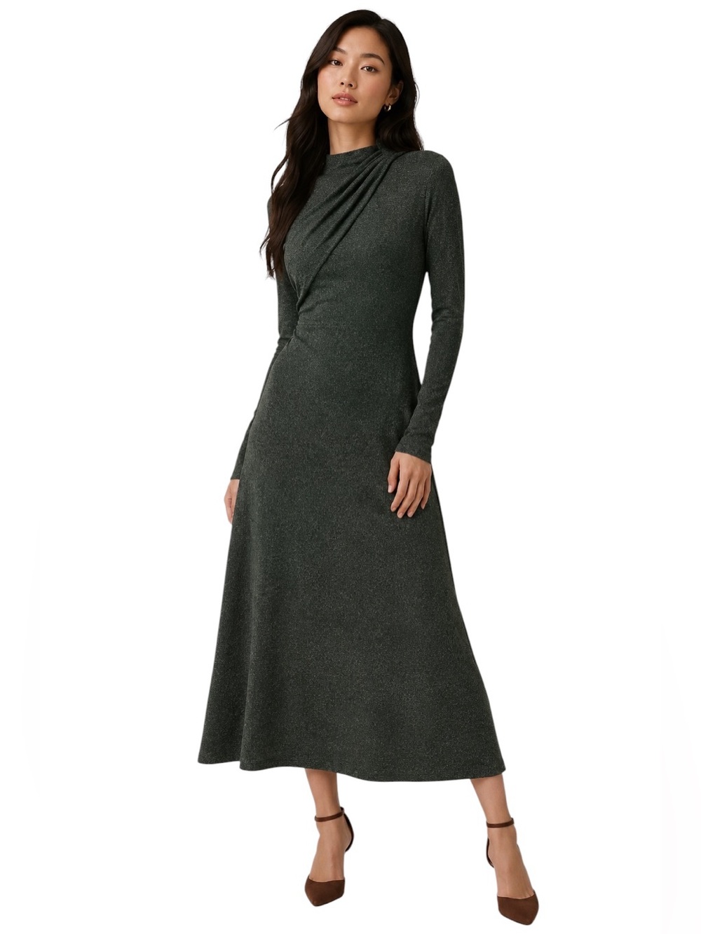 ASTR THE LABEL Long Sleeve Mock Neck Draped Maxi Dress Heather Green WMS Size XL